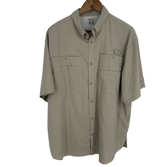 Columbia Mens PFG Omni-Shade Beige Button-Up Short Sleeve Shirt Size L - Picture 1 of 14